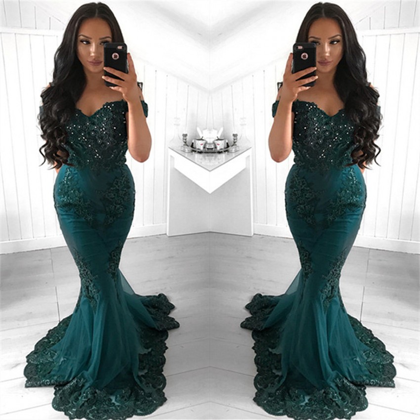 Gorgeous Dark Green Lace Mermaid Evening Dresses Elegant Off Shoulder Appliques Beads Long Evening Prom Occasion Gowns Formal Vestidos