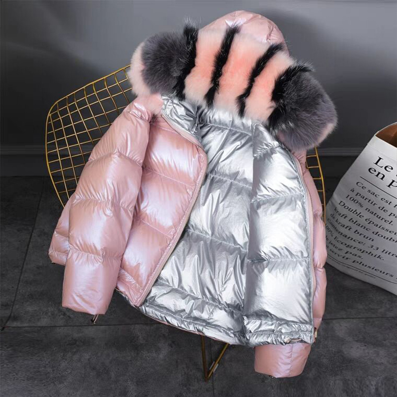 FTLZZ New Gold Silver Double Side Down Coat Winter Jacket Women Big Aritificial Fur White Duck Down Parkas Female Down Outerwear 201019