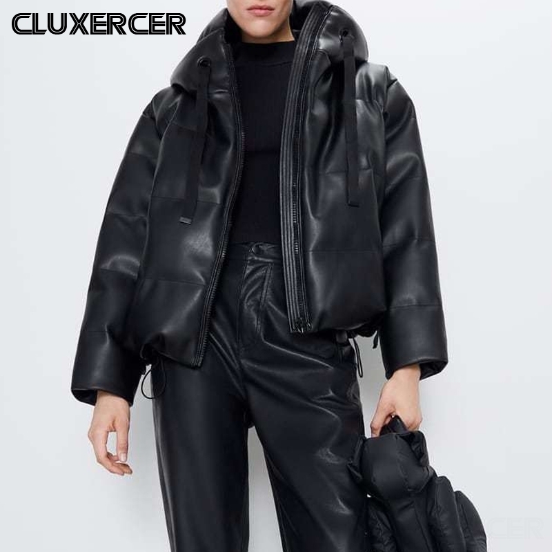 Winter Pu Leather Coat Women New Fashion Thick Warm Pu Hooded Ladies Parkas Female Jacket 201020