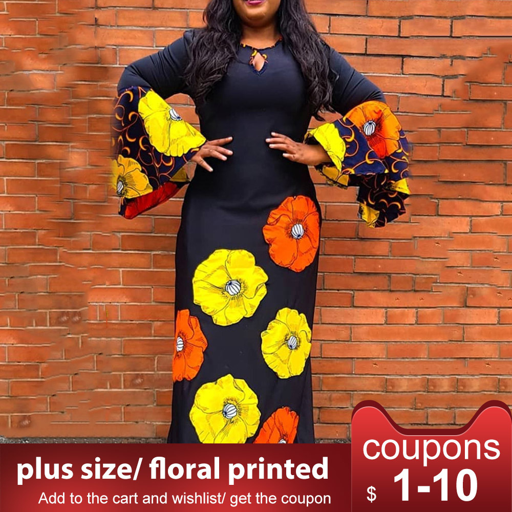 African Loose Women Plus Size Flare Sleeve Floral Print A-Line Dress Long Maxi Female Dresses Robe Vestiods Elegant LJ200818, Black 
African Loose Women Plus Size Flare Sleeve Floral Print A-Line Dress Long Maxi Female Dresses Robe Vestiods Elegant LJ200818, Black