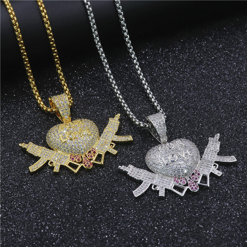 Iced Out Love Heart Pendant Hip Hop Full CZ Stone Double Gun Charm Necklace Rapper Jewelry For Men Free shipping Free shipping
