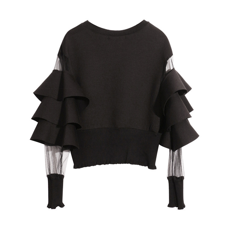 TWOTWINSTYLE Patchwork Mesh Perspective Short Female Sweatshirt For Women Top Pullovers Loose Black Autumn Top Clothes New 2020 MX200812