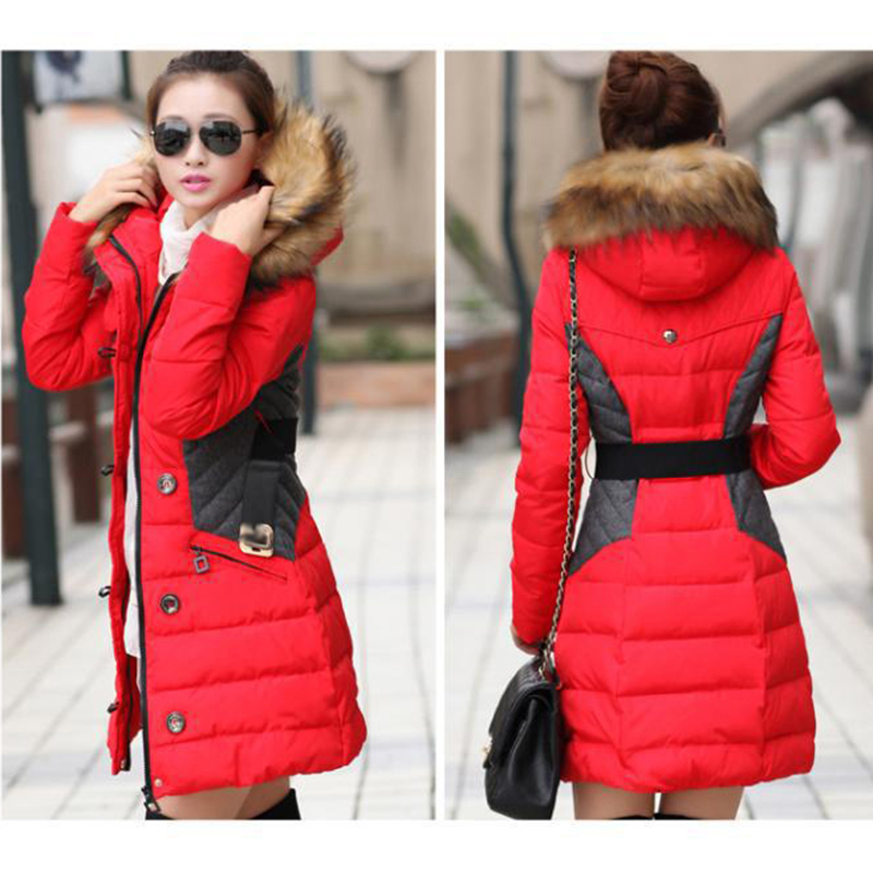Fashion Clothing Fur Hooded Zipper Long Style Women Warm Coat Winter Parkas Coat Patchwork Belt Slim Parka Thick Warm Snow Wear 201110wtt