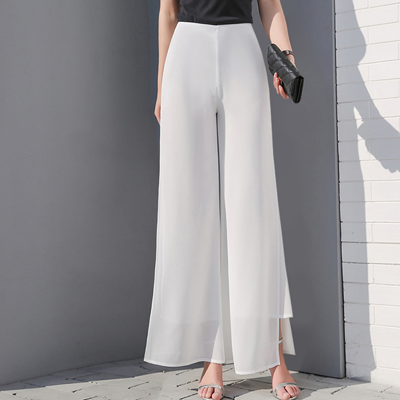 Women Ladies Vintage Loose High Waist Long Trousers Chiffon Side Split Casual Palazzo Pants Wide Leg Pants pantalones T200617
