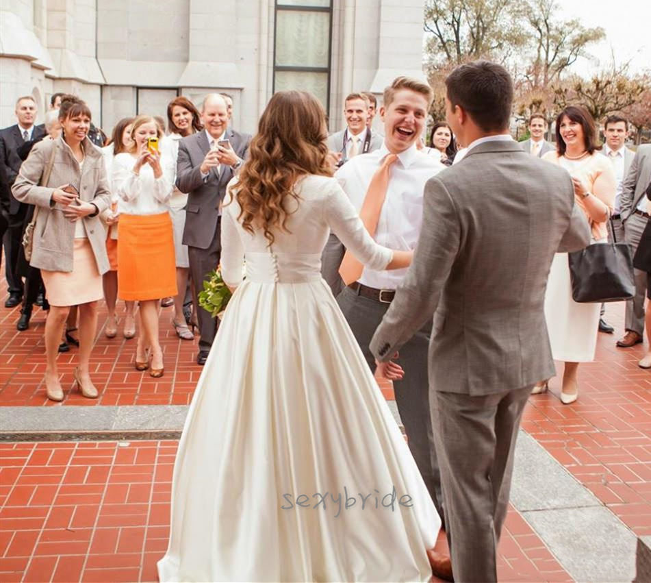 Simple Design Spring Wedding Dresses Three Quarter Sleeve Satin Long A e Style Autumn Garden Bridal Gowns Sweep Train V Neck Vestidos