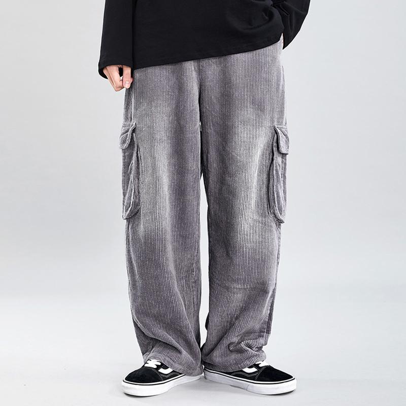 Corduroy Trousers Mens Old School Multi-pocket Cargo Pants Men Casual Thick Baggy Straight Elasticated-waist Wide-Leg Black Pant1