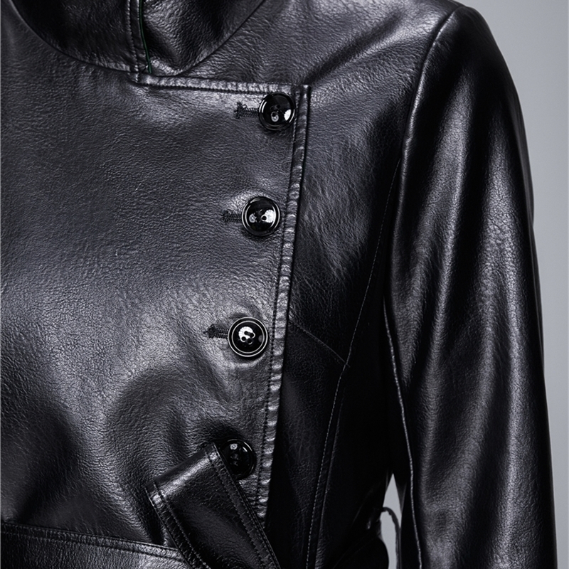 Women Black Red Pleated Big Size Pu Leather Trench New Lapel Long Sleeve Loose Windbreaker Fashion Spring Autumn 201031