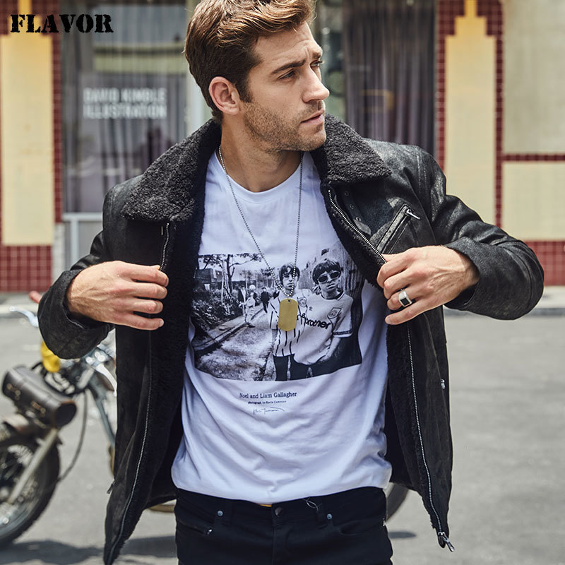 FLAVOR Men's Genuine Leather Motorcycle Jacket Pigskin with Faux Shearling Real Leather Jacket Bomber Coat Men 201127