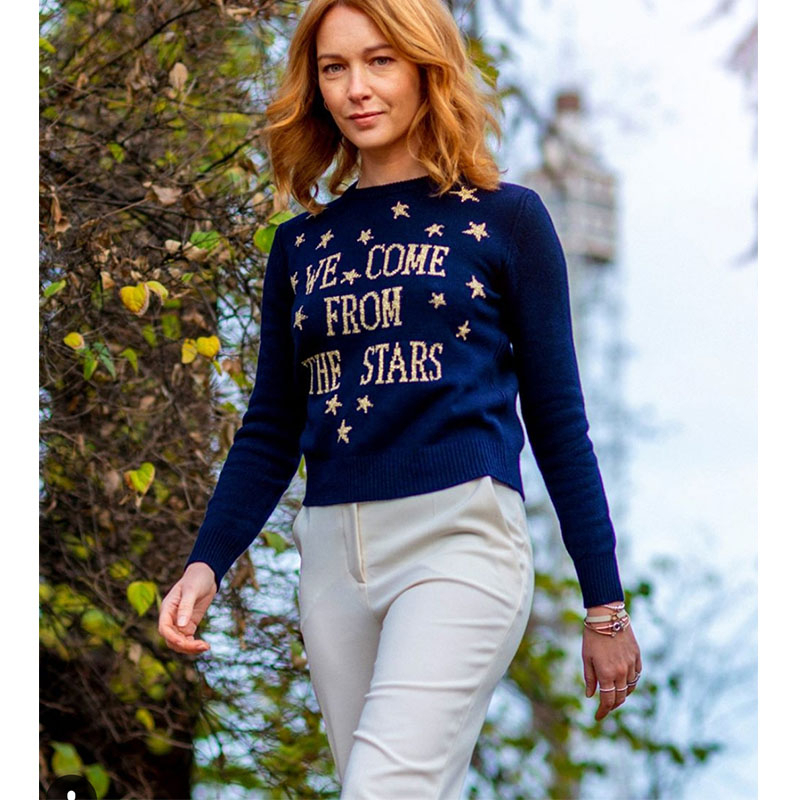 Cosmicchic Women Stars Pullovers 100% Wool Long Sleeve Knitted Sweater Gold Star Letter Jumpers NavySweater Blue Soft Knitwear 201109