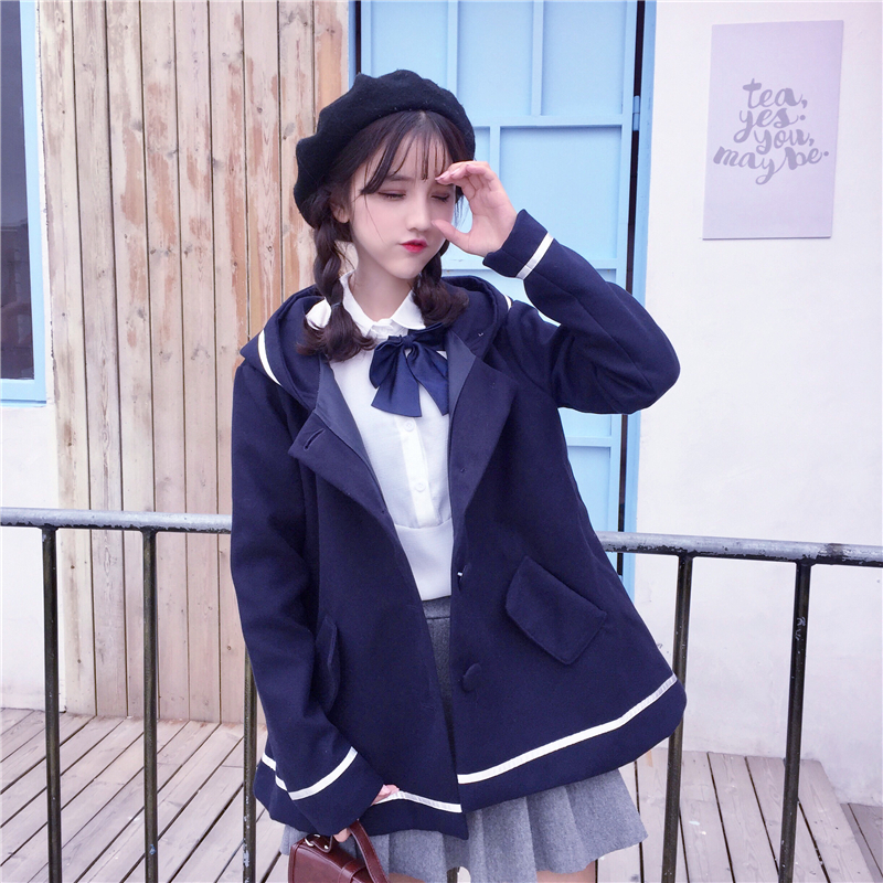 Merry Pretty Autumn Winter Women Jacket Preppy Style Mori Girl Solid Color Hooded Long Sleeve Blends Warm Coat Casual Outerwear 201017
