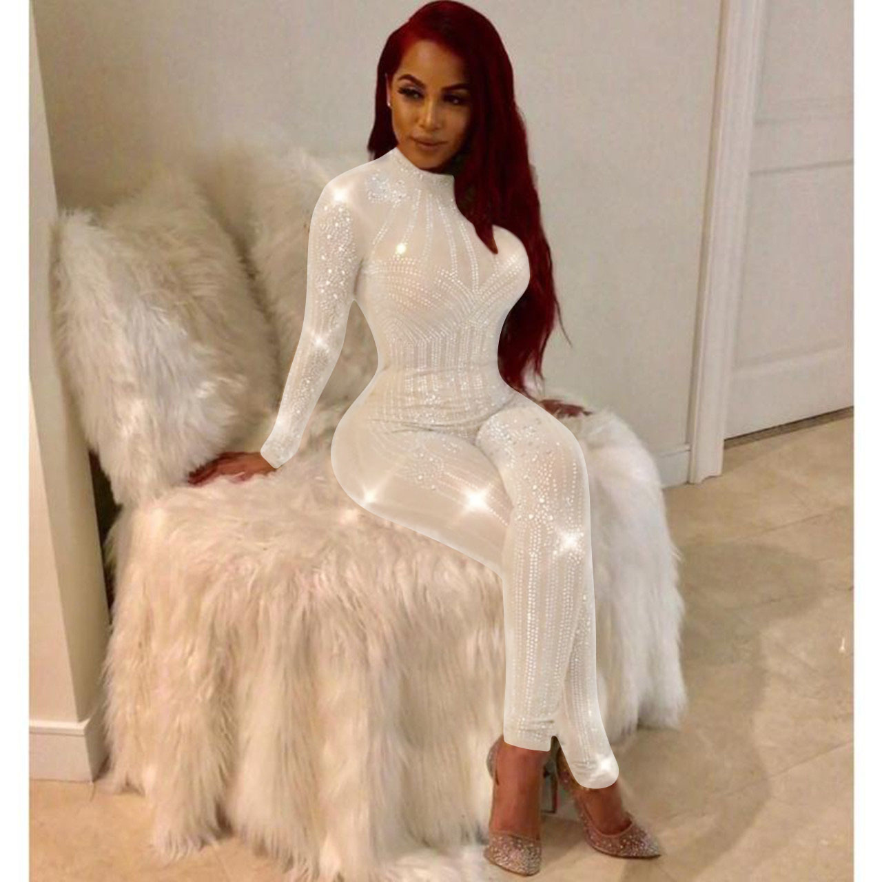 High-end Custom Black/White/Golden Sequin Jumpsuit Fall Womens Long-sleeve High Stretch Party Club Bodycon Rompers