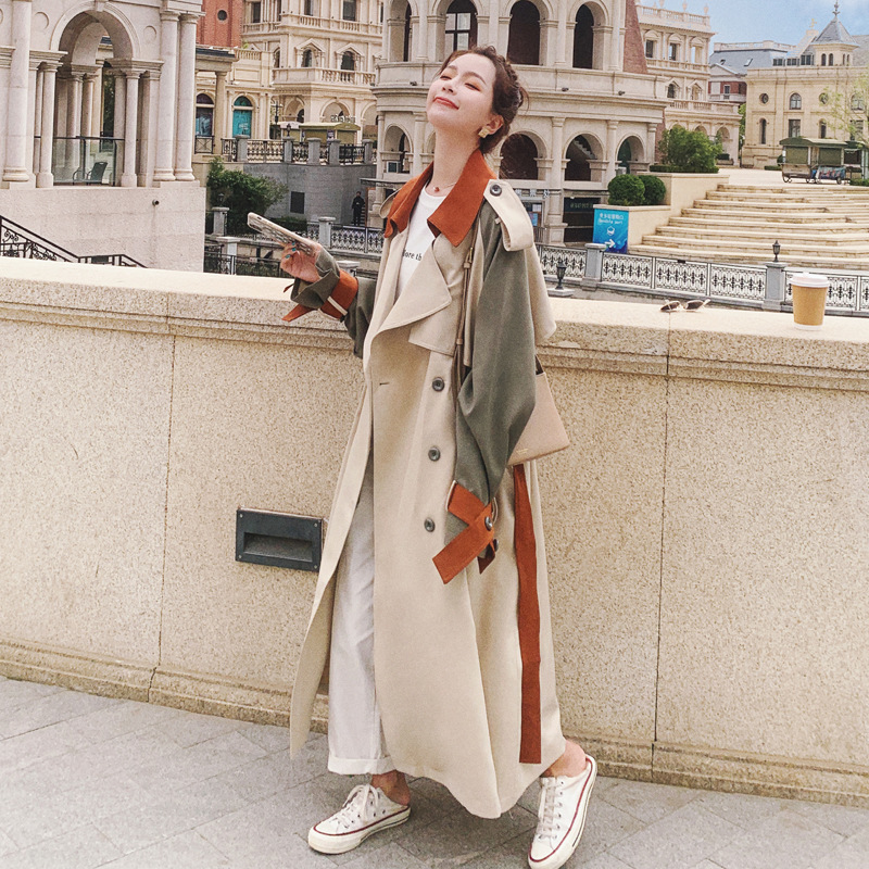 [DEAT] Women's Coat Full Sleeve Lapel Hit Color Lacing Over Long Loose Trench Bow Casual New Autumn Ashion Clothing AM787 201030