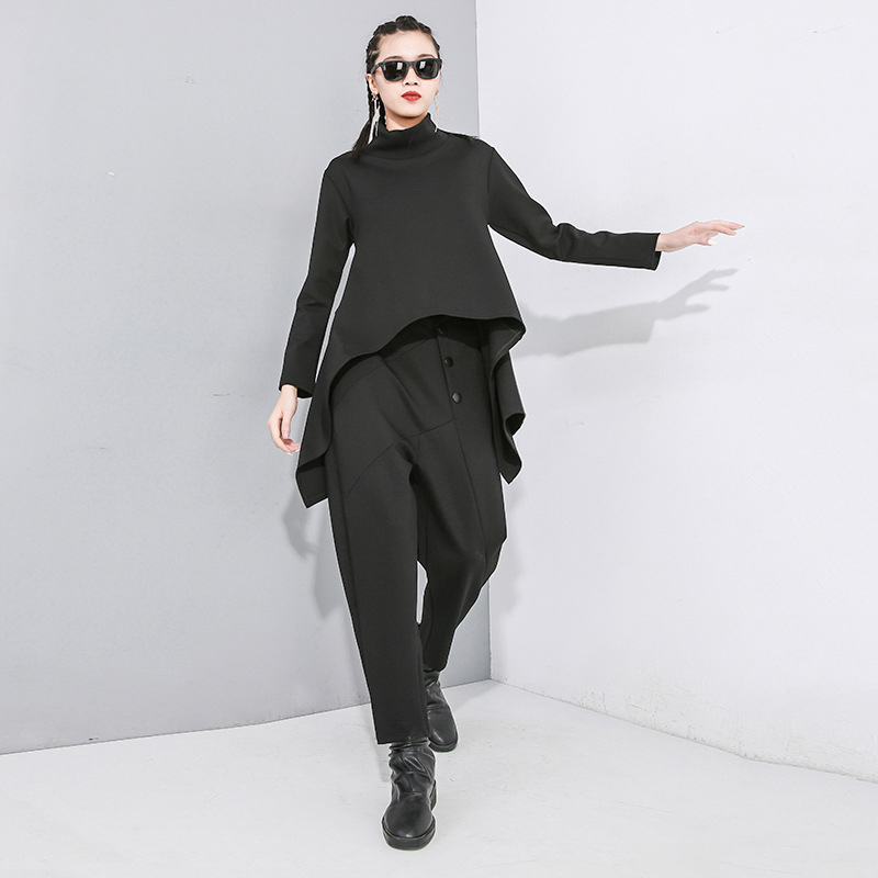 EAM High Elastic Waist Black Button Split Joint Long Trousers Loose Fit Harem Pants Women Fashion Spring Autumn 201228