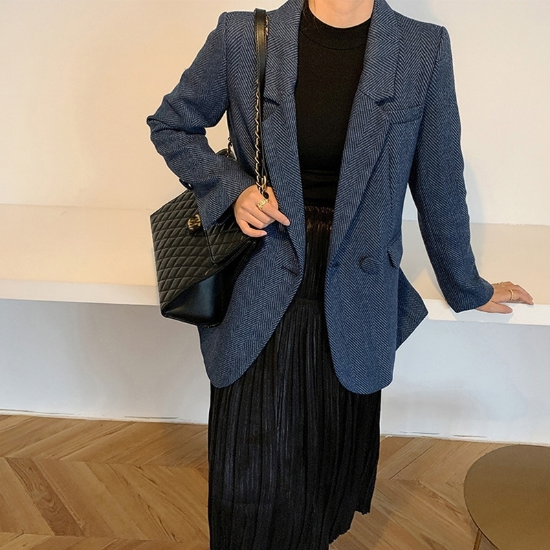 New Woolen Coat Women Elegant Thick Blue Suit Blazer Jacket Autumn Winter Office Lady Outwear Female Fashion 201030