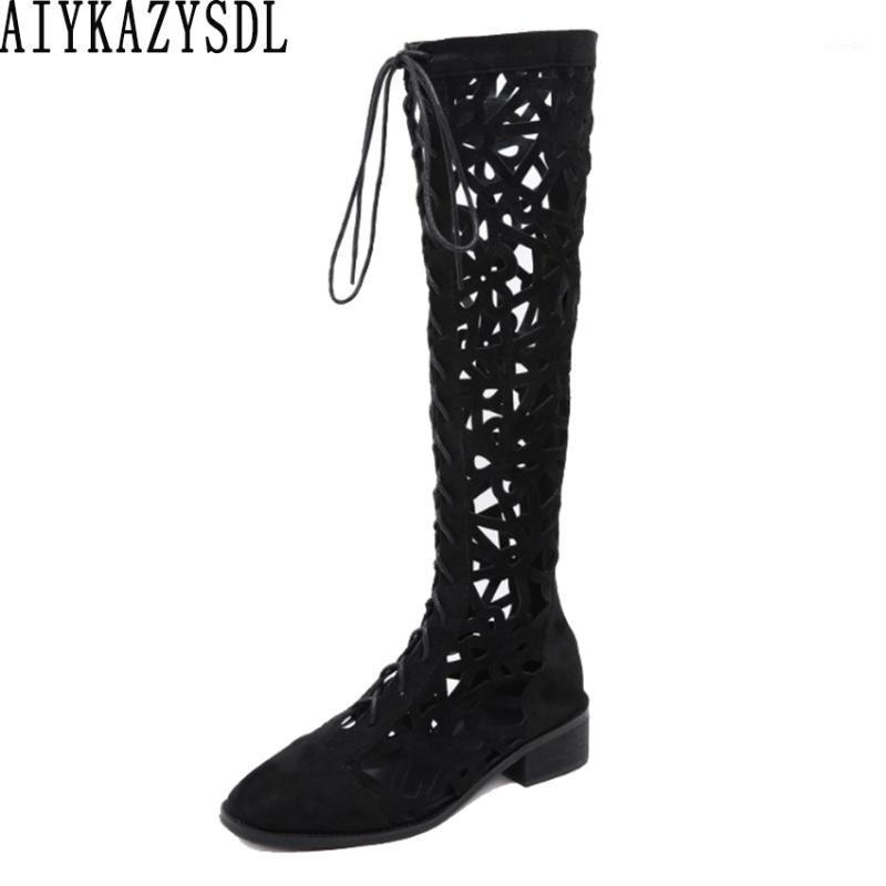 AIYKAZYSDL Women Knee High Boots Summer Cut Out Hollow Bootie Gladiator Rome Faux Suede Shoes Sandals Cuban Block Med Heels 20201, Black