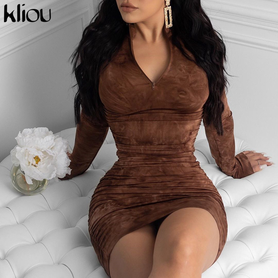 Kliou spring new high quality print turtleneck bodycon midi dress woman casual high street pleated slim zipper dress mujer T200521