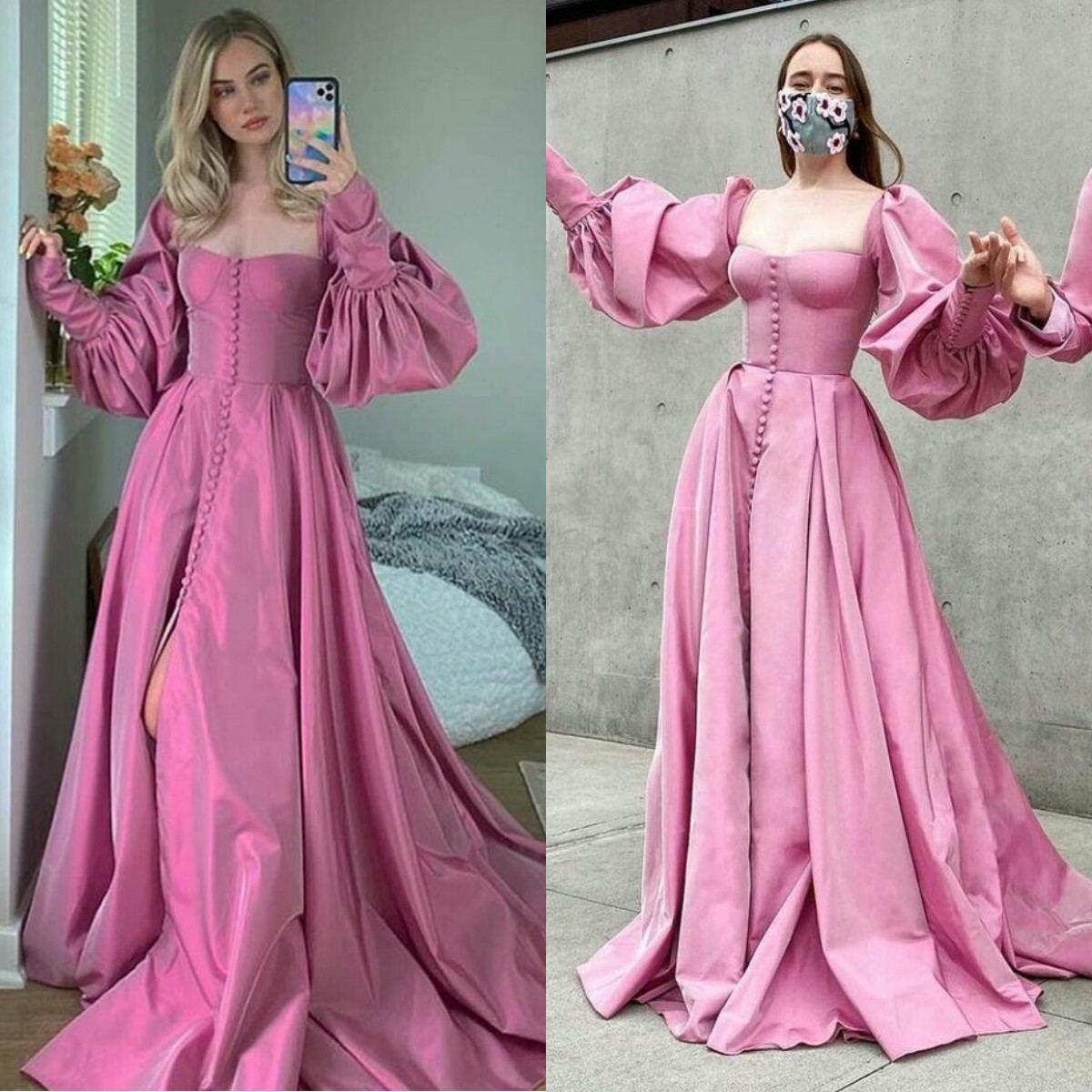 Vintage Pink Prom Dresses Long Juliet Sleeves Front Slit Buttons Decor Satin Custom Made Floor Length Evening Party Gowns Vestidos