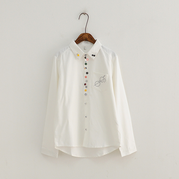Buttons Eyeglasses Embroidery Mori Girl Cotton Blouse B3