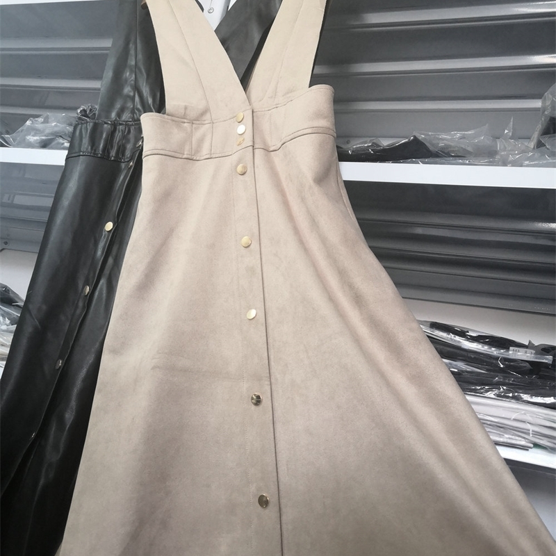 Fashion Autumn Winter Women Midi Mid-Calf Faux Leather Tank Dresses Office Ladies A-Line V-Neck Buttons Pockets PU Dress T200911