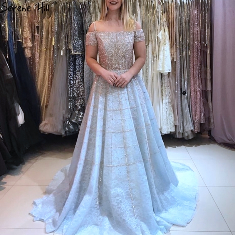 Silver Off Shoulder Short Sleeve Evening Dresses Dubai A-Line Beading Diamond Evening Gowns Serene Hill LA70263 201114