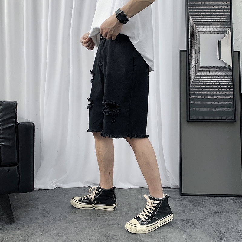 Men's Summer Denim Shorts Men's Fashion Casual Loose Short Jeans High Street Solid Color Hole Denim Shorts 201120
