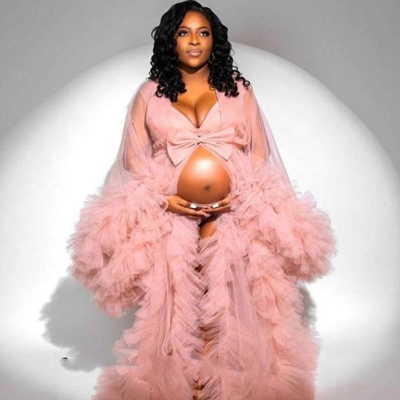 Ruffles Tulle Kimono Women Dress Robe for Photoshoot Extra Pink Puffy Sleeves Evening Gowns African Cape Cloak Maternity Dress Photography