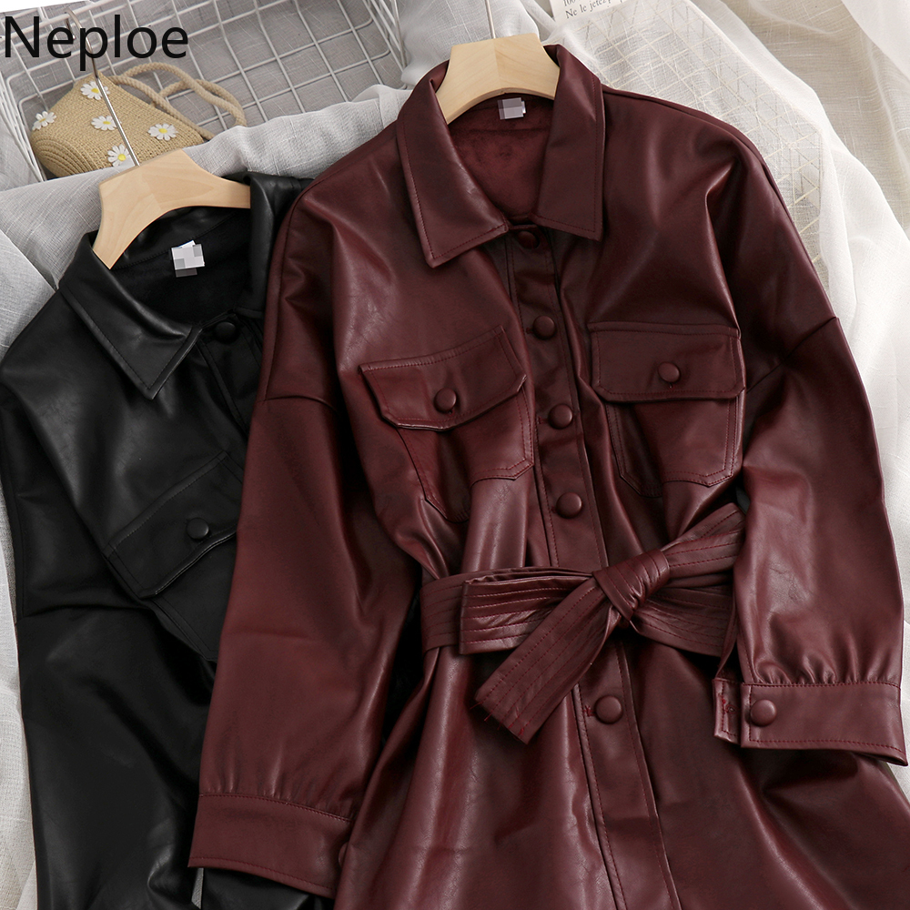 Neploe Autumn Women Long Leather Jacket Slim Bow Belt Motorcycle PU Leather Long Jacket Coat Leather Trench Coat 4e508 201029