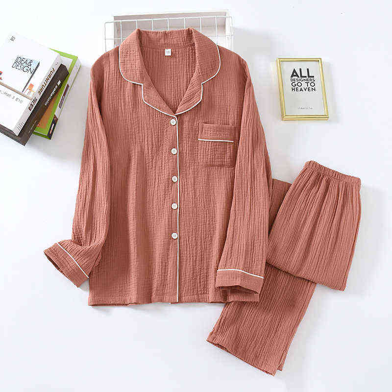 spring and autumn pure cotton crepe cloth couple soft breathable men long-sleeve simple home service women two piece set 211215