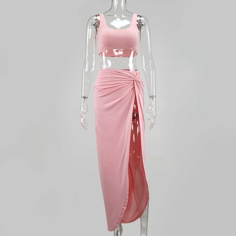 Colysmo Long Skirts Two Piece Set Women Crop Top Twist Sets Summer Solid Color Sexy Party Club Wear 2 Outfits 210527