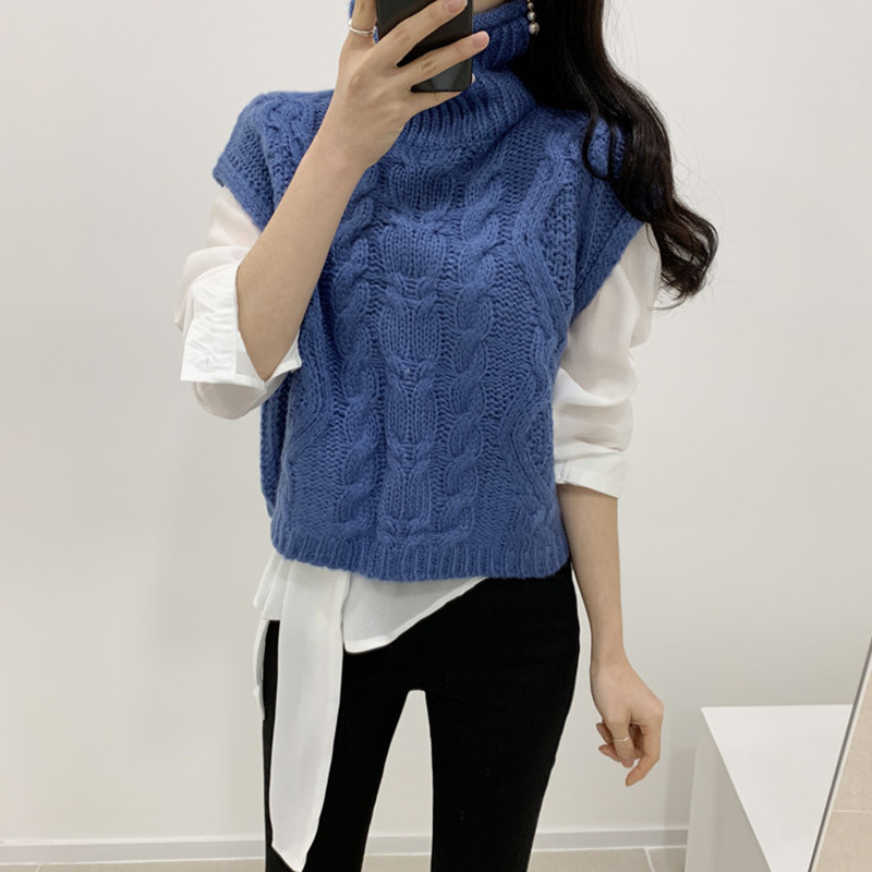 Autumn Winter Turtleneck Sleeveless Sweater Vest Women Fashion Twist Pattern Short Pullover Waistcoat Casual Loose Knitwear Tops 210218