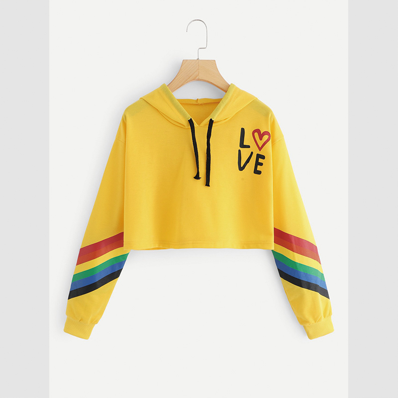 QRWR Autumn Sweatshirt Women Fashion Rainbow Love printing Casual Long Sleeve Hoodies Loose Short Hooded Women Swatshirt 201202