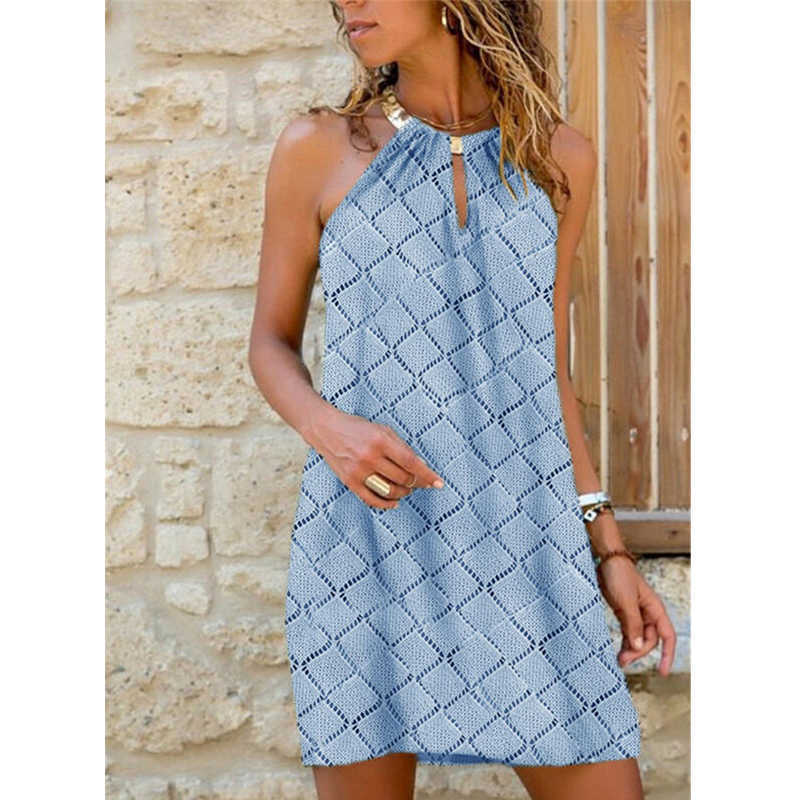 Summer Harajuku Halter Sleeveless Print Dresses Women Casual Leopard Sexy Hollow Out Plus Size Beach A-line Midi Dress Robe 210623