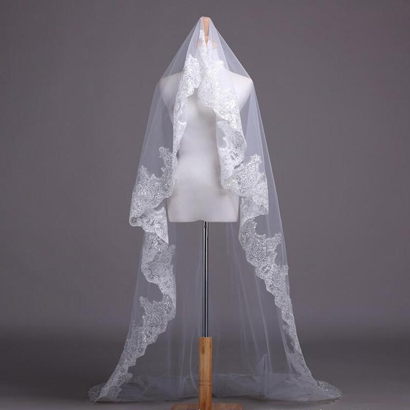 Bridal Veils Real Pos White/Ivory Cathedral Wedding Veil 3M With Comb Lace Beads Mantilla Accessories Veu De Noiva