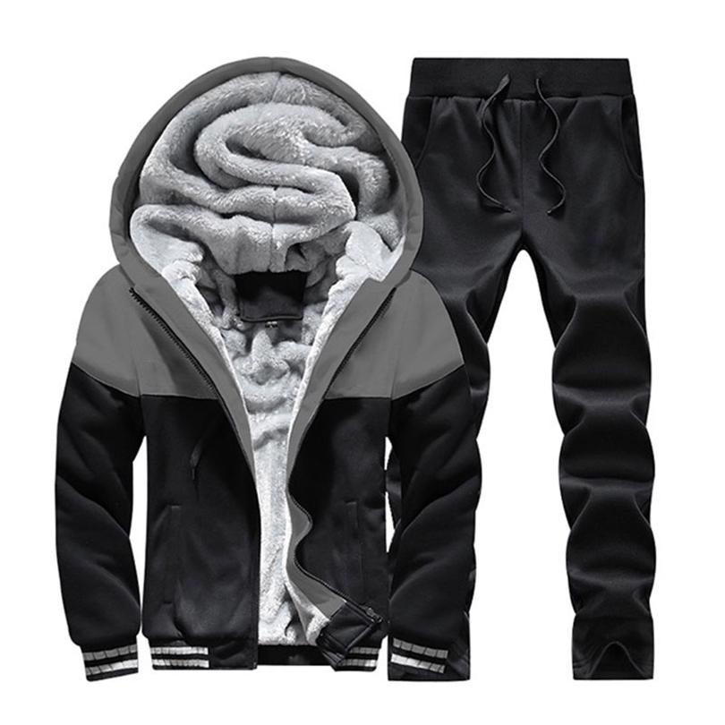 Men Warm Sets Fashion Sporting Thick Suit Patchwork Zipper Hooded Sweatshirt Sweatpants Mens 2 Pieces Sets Slim Tracksuit 201210
