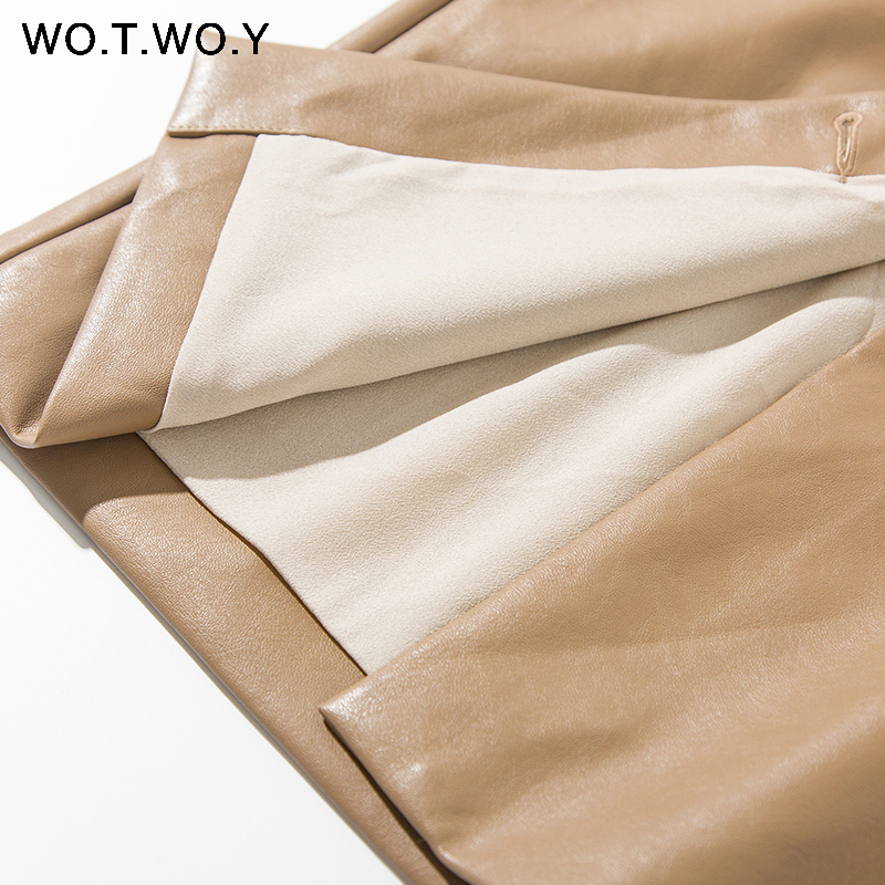 WOTWOY Elengant High Waist Leather Penci Skirt Women Multi Button Wrapped Skirts Mujer Faldas Solid Pockets Femme Jupes 210306
