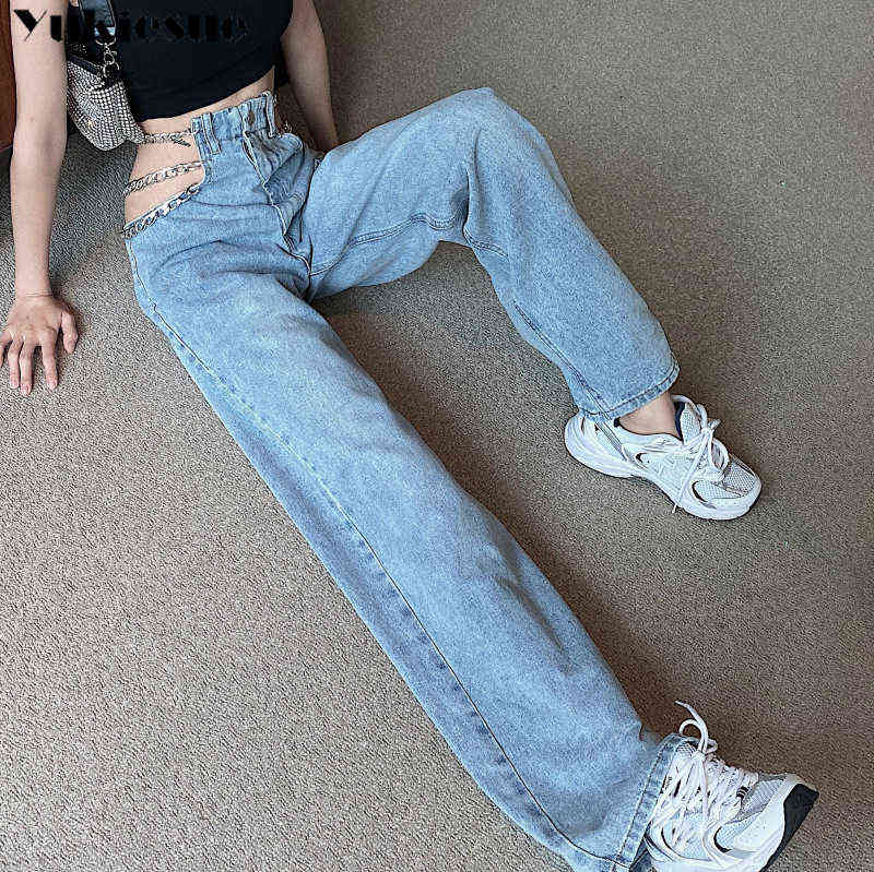 streetwear Side Cross Chain Hollow Out Wide-leg Women's Jeans High Waist Pants Sexy Elegant Ladies Europe Fashion Jeans woman 211112