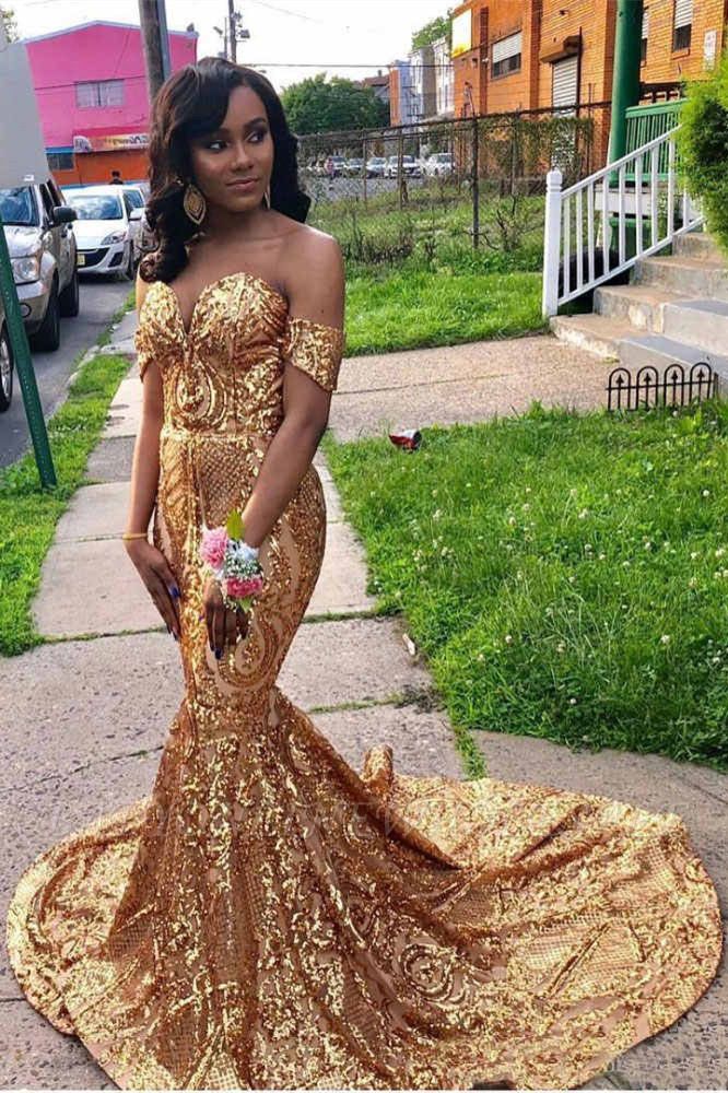 Sparkle Bling Gold Prom Dresses For Black Girls Glitter Sequins Mermaid African Evening Gowns 2022 Long Sleeve Formal Party Dress With Train Plus Size
