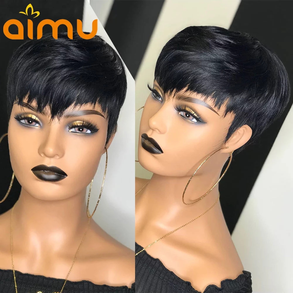 150% Pixie Short Bob Cut Blunt None Lace Front Human Hair Wigs With For Black Women Straight Remy Black /Bury Red /Ombre Blonde Colorwig