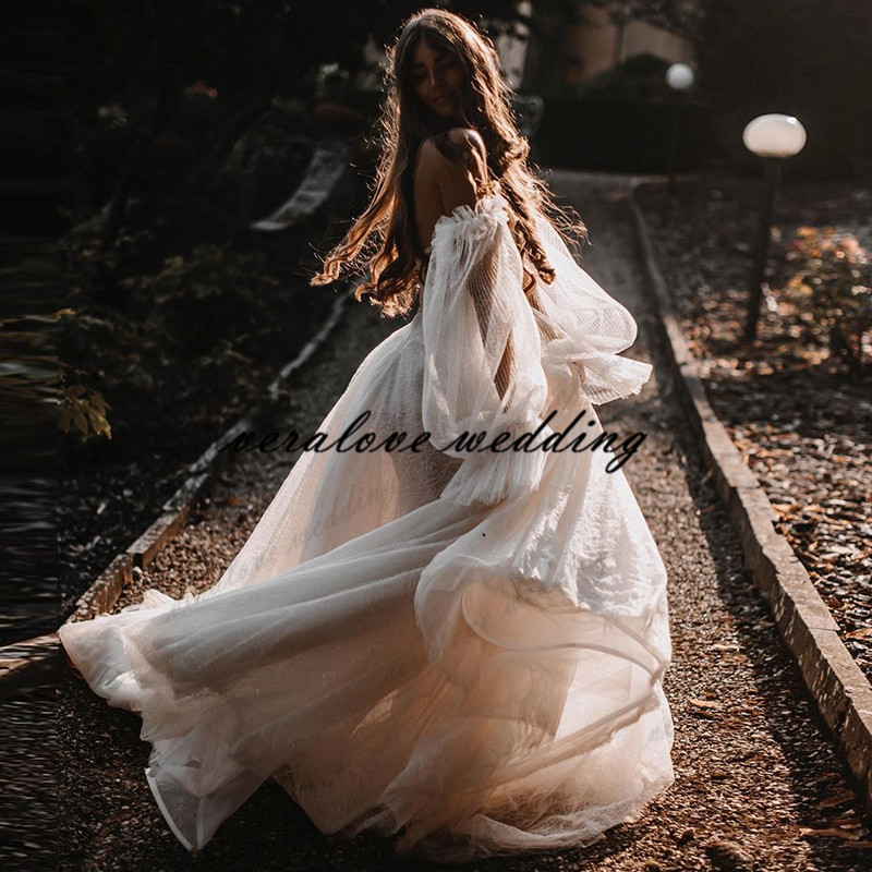 Robes de mariée Country Garden Wedding Dress Long Sleeves Soft Sequins Lace Bridal Gowns Sweep Train Bride Gowns for Women