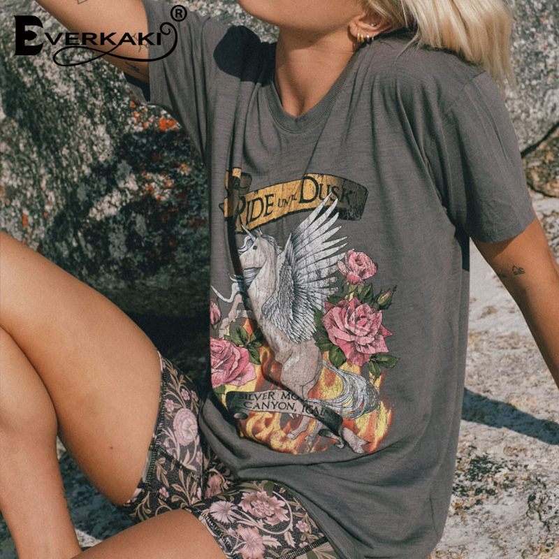 Everkaki Boho Print T-shirt Top Women Summer Gypsy Tees Ethnic Ladies Vintage Tops T-shirts Retro Casual Female New Fashion 210302