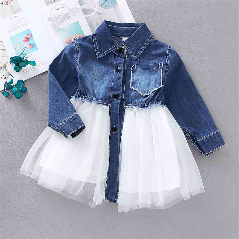 Ins autumn new cotton denim top stitched mesh dress button cardigan princess skirt, White
Ins autumn new cotton denim top stitched mesh dress button cardigan princess skirt, White