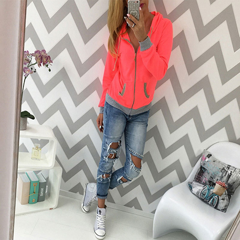 Women's Spring Winter Hoodies Long Sleeve Patchwork Colors Sweatshirts Casual Pockets Zipper Hooded Ladies Outerwear Clothing T200525