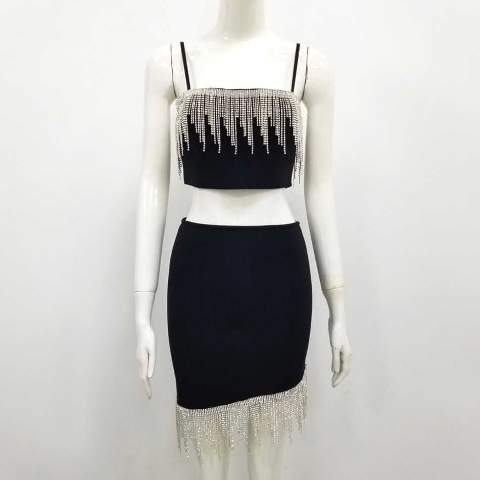 Diamond Tassel Sexy Two-Piece Ladies Summer Party 2-Piece Bodycon Club White Black Bandage Set 210525