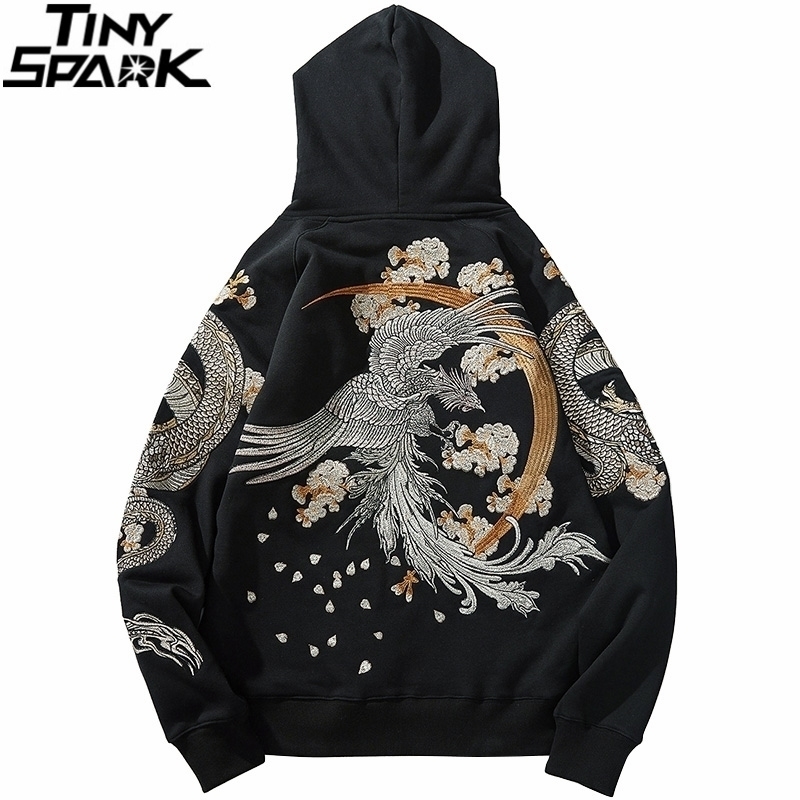 Mens Hip Hop Streetwear Hoodie Chinese Style Dragon Phoenix Embroidery Pullover New Autumn Cotton Fleece Floral Sweatshirt 201128