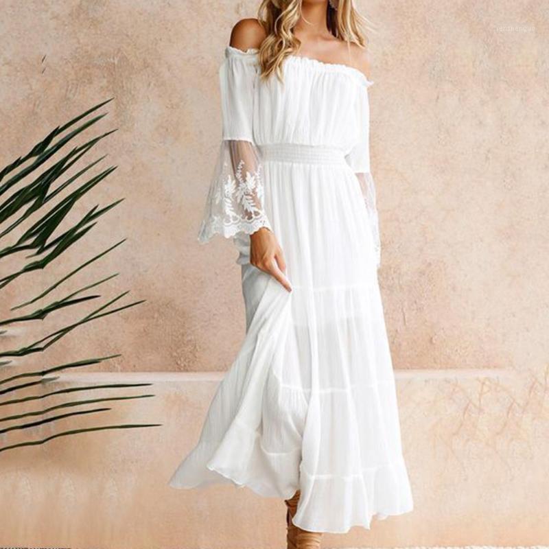 Summer Fashion White Dress Beach Women Off Shoulder Lace Patchwork Solid Color Long Flare Sleeve Maxi Casual Dresses
Summer Fashion White Dress Beach Women Off Shoulder Lace Patchwork Solid Color Long Flare Sleeve Maxi Casual Dresses