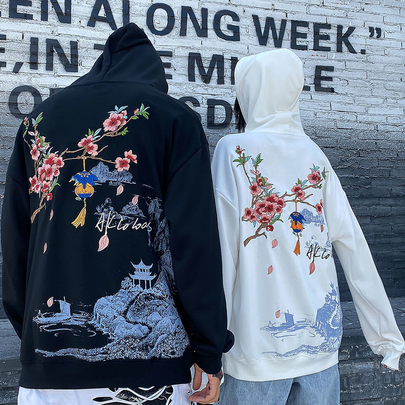 Hip Hop Men Streetwear Hoodie Japan Sakura Embroidery Wonderland Print Sweatshirt Autumn Casual Floral Hoodie Cotton Black 201020