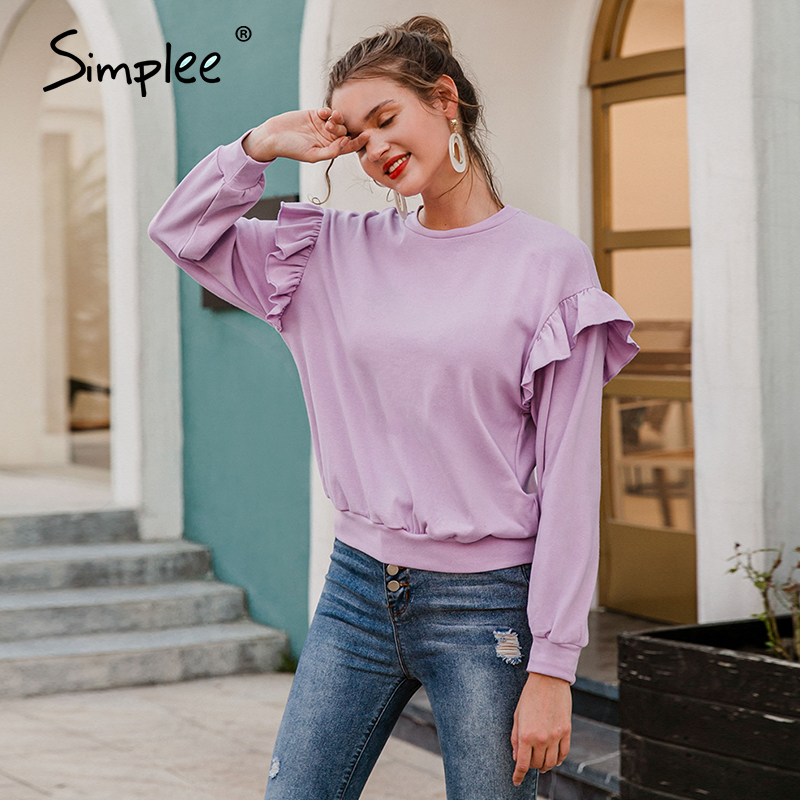 Simplee Drop-shoulder sleeve ruffled sweatshirt women Casual loose pink pullover autumn Short crewneck pullover for female 201113