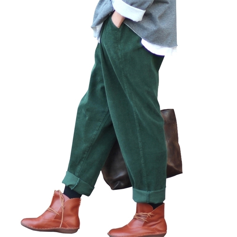 Johnature Women Corduroy Wide Leg Pants Vintage Autumn Winter Casual Thick Warm Elastic Waist Loose Cotton Pleated Trouser 211115