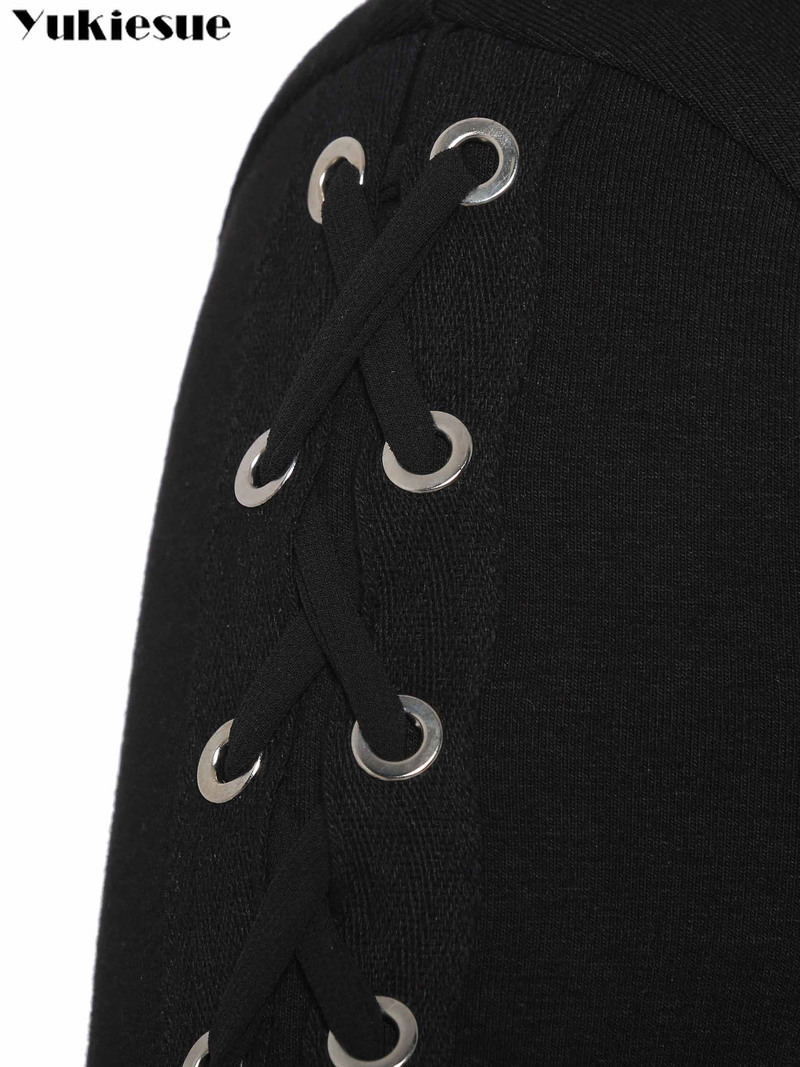 Gothic Punk Women Hoodies Lace up Hooded Long Sleeve Casual Harajuku Darkness Autumn winter Goth Black Sweatshirt Plus Size 201113