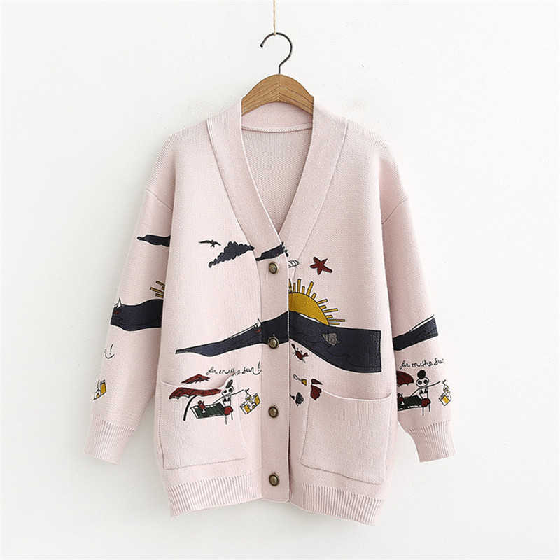 Cardigan Sweater Women's Autumn And Winter Loose Cute Print Joker Long Sleeve Women's Knitted Jacket Sweaters Oversize 210714